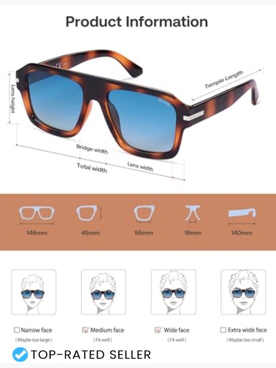 Vintage Oversized Square Aviator Sunglasses Retro Thick Frame UV400 main image 6